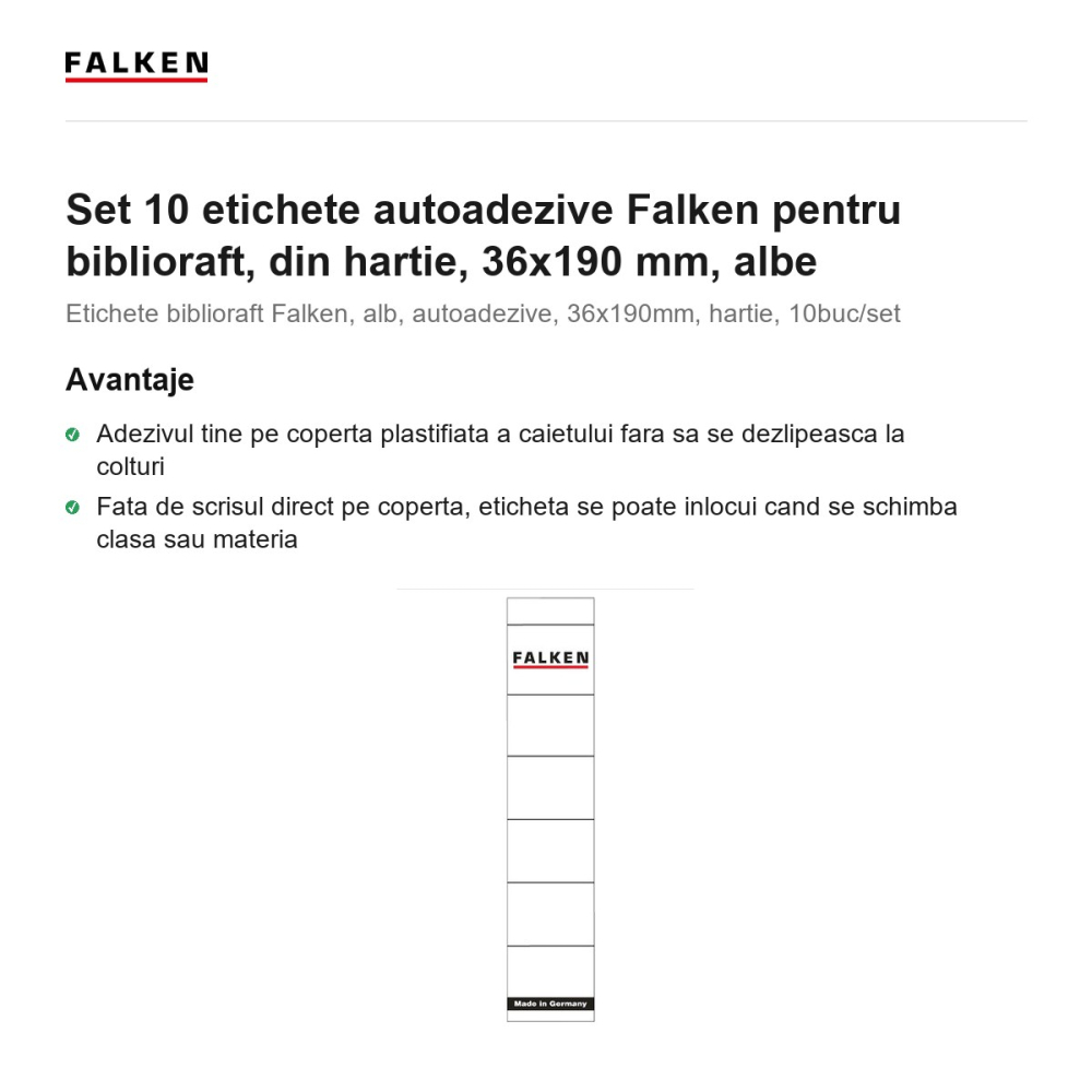 Set 10 etichete autoadezive Falken pentru biblioraft, din hartie, 36x190 mm, albe [2]