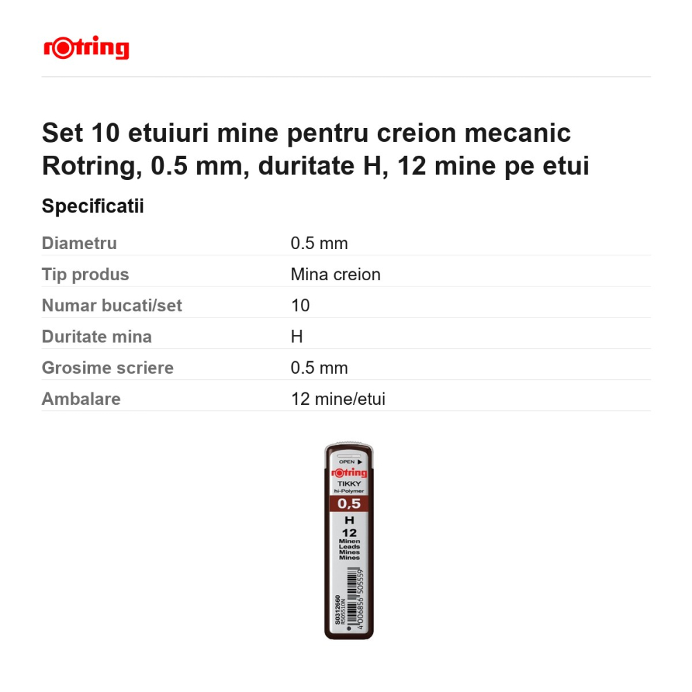 Set 10 etuiuri mine pentru creion mecanic Rotring, 0.5 mm, duritate H, 12 mine pe etui [3]