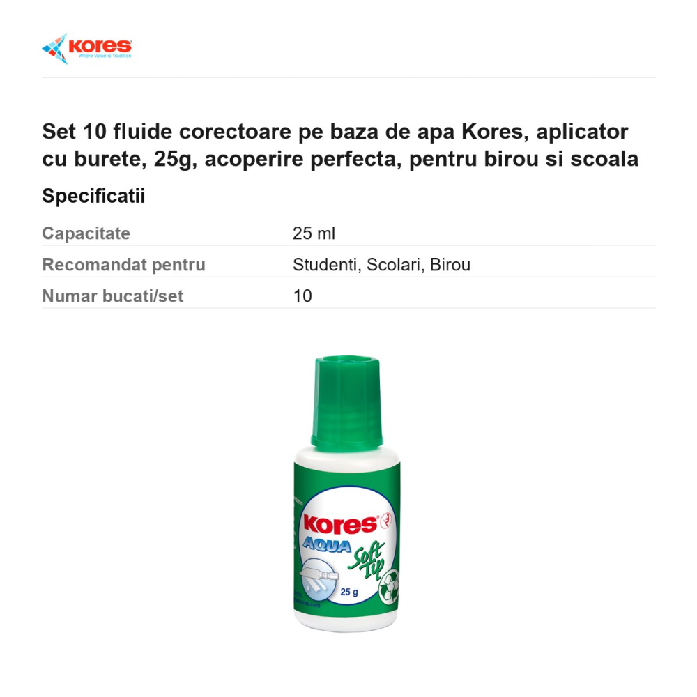 Set 10 fluide corectoare pe baza de apa Kores, aplicator cu burete, 25g, acoperire perfecta, pentru birou si scoala [3]