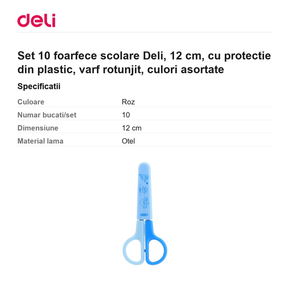 Set 10 foarfece scolare Deli, 12 cm, cu protectie din plastic, varf rotunjit, culori asortate [3]