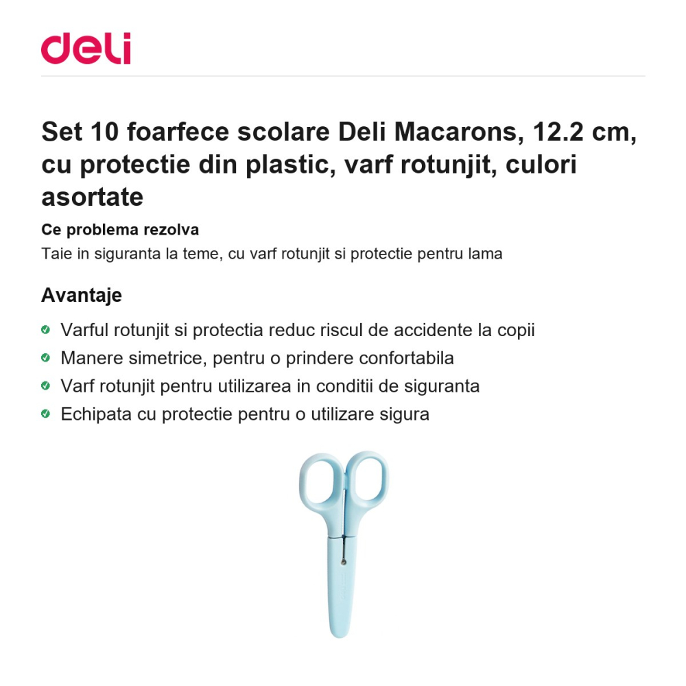 Set 10 foarfece scolare Deli Macarons, 12.2 cm, cu protectie din plastic, varf rotunjit, culori asortate [2]
