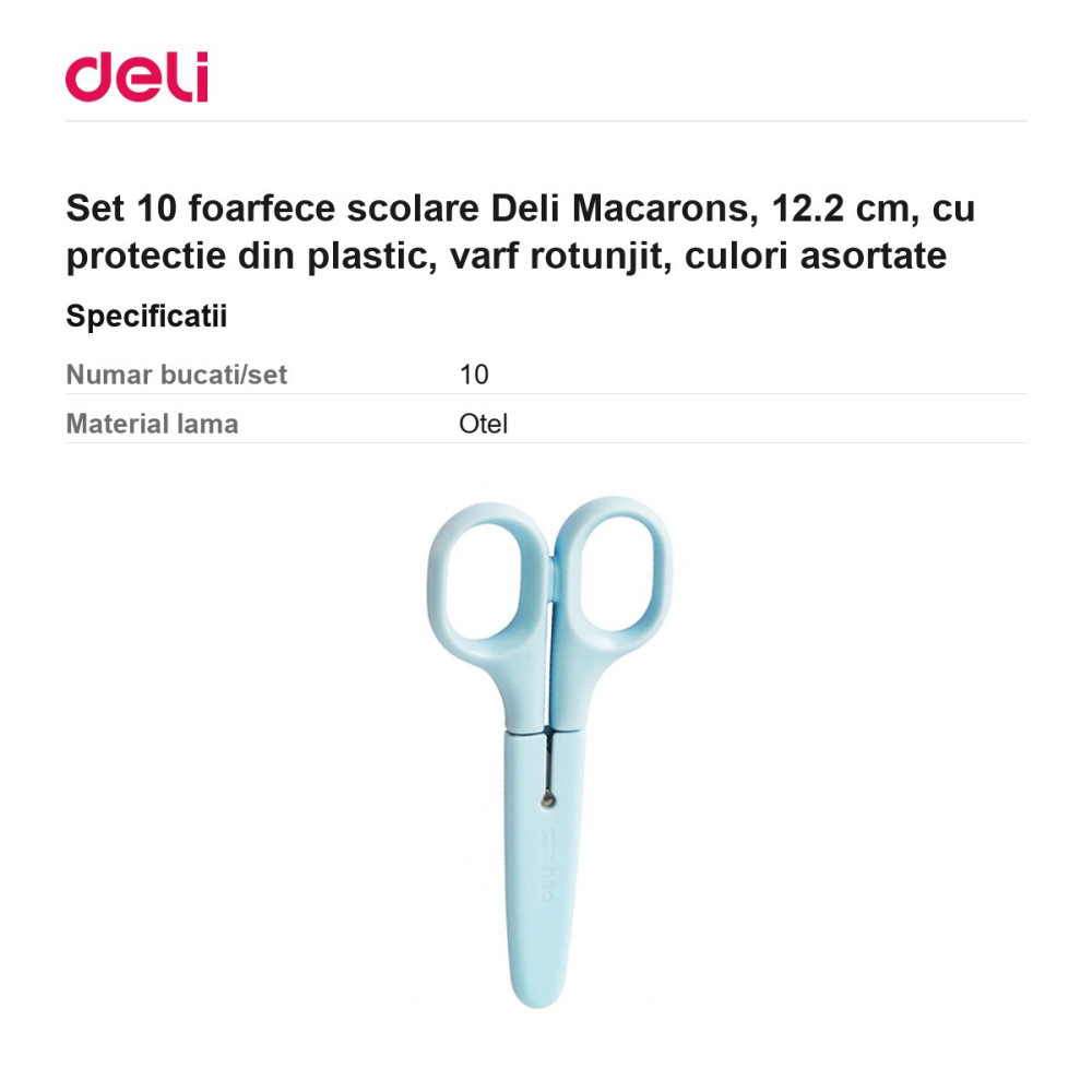Set 10 foarfece scolare Deli Macarons, 12.2 cm, cu protectie din plastic, varf rotunjit, culori asortate [3]