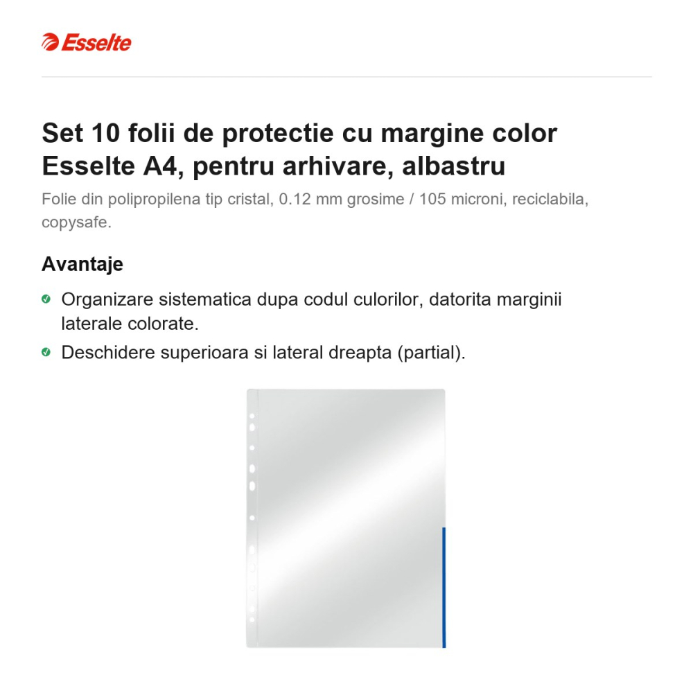 Set 10 folii de protectie cu margine color Esselte A4, pentru arhivare, albastru [2]