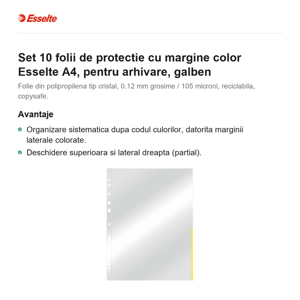 Set 10 folii de protectie cu margine color Esselte A4, pentru arhivare, galben [2]