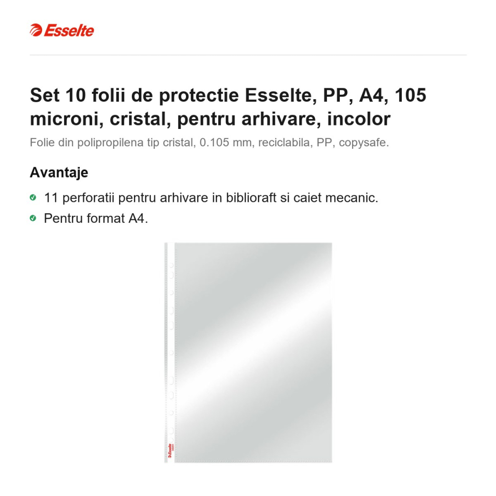 Set 10 folii de protectie Esselte, PP, A4, 105 microni, cristal, pentru arhivare, incolor [2]