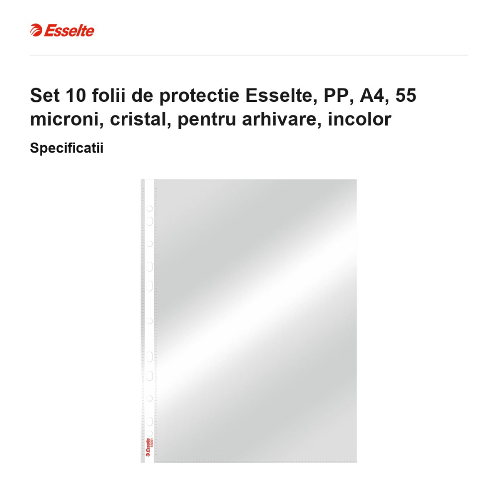 Set 10 folii de protectie Esselte, PP, A4, 55 microni, cristal, pentru arhivare, incolor [3]