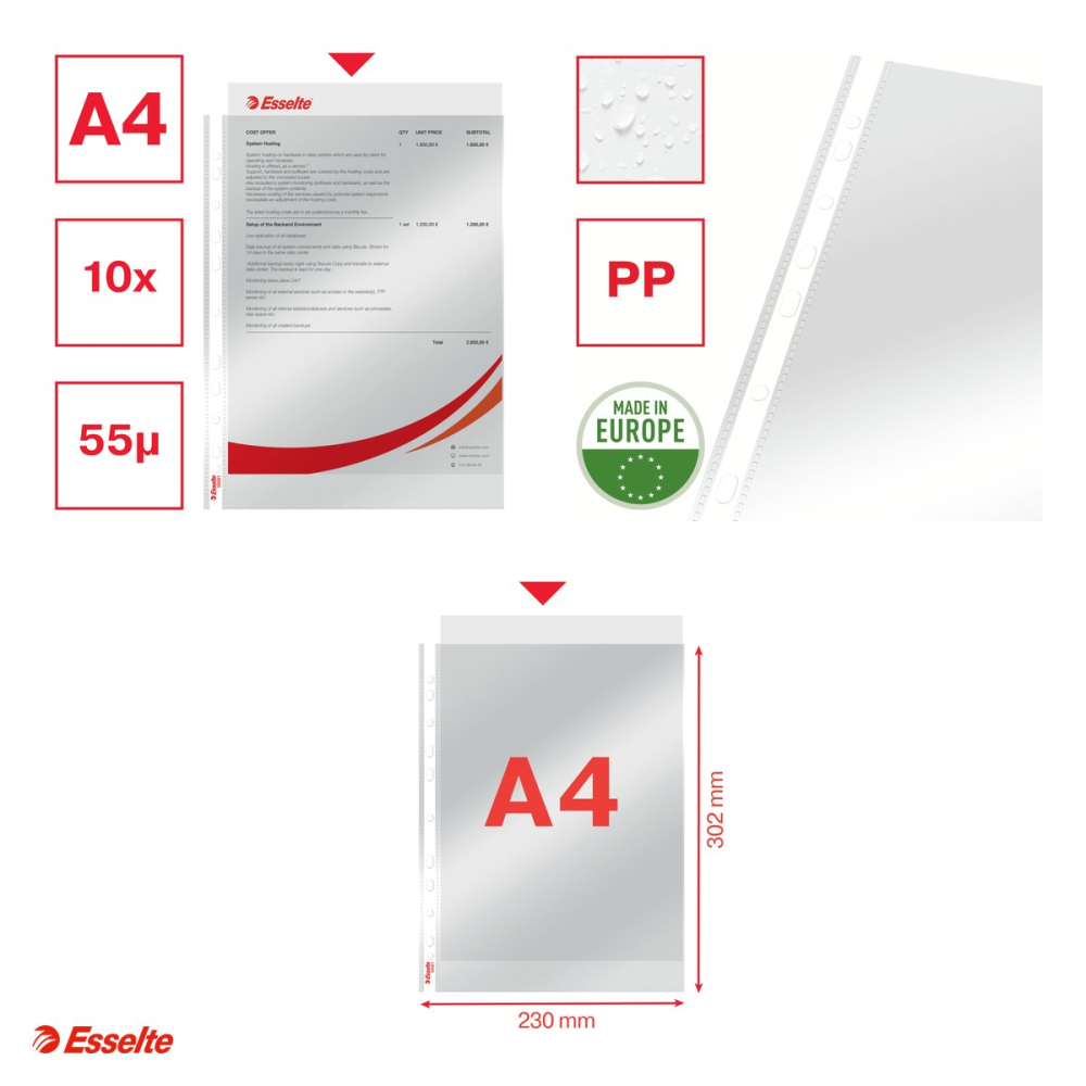 Set 10 folii de protectie Esselte, PP, A4, 55 microni, cristal, pentru arhivare, incolor [4]