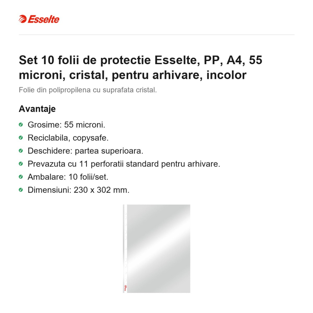 Set 10 folii de protectie Esselte, PP, A4, 55 microni, cristal, pentru arhivare, incolor [2]