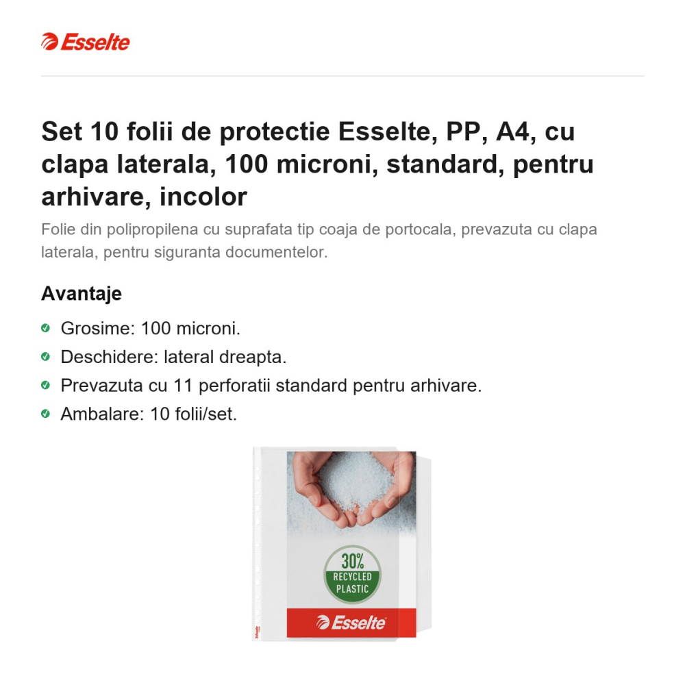 Set 10 folii de protectie Esselte, PP, A4, cu clapa laterala, 100 microni, standard, pentru arhivare, incolor [2]