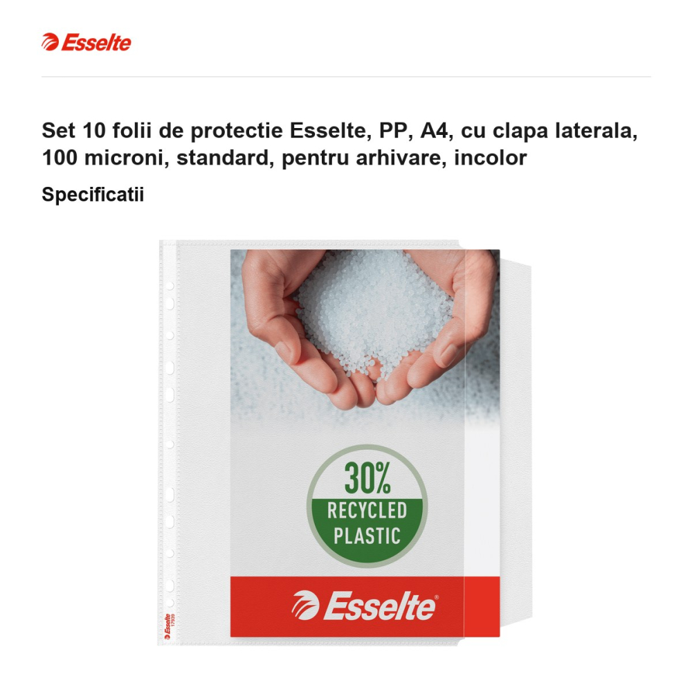 Set 10 folii de protectie Esselte, PP, A4, cu clapa laterala, 100 microni, standard, pentru arhivare, incolor [3]