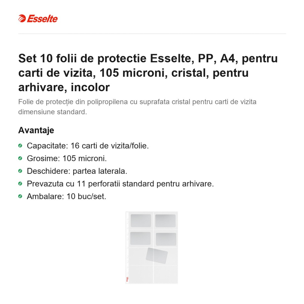 Set 10 folii de protectie Esselte, PP, A4, pentru carti de vizita, 105 microni, cristal, pentru arhivare, incolor [2]