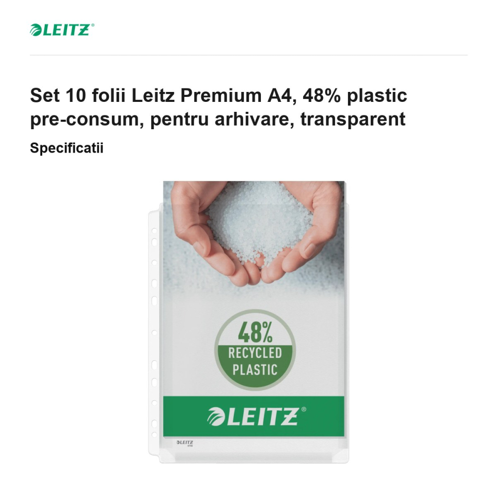 Set 10 folii Leitz Premium A4, 48% plastic pre-consum, pentru arhivare, transparent [3]