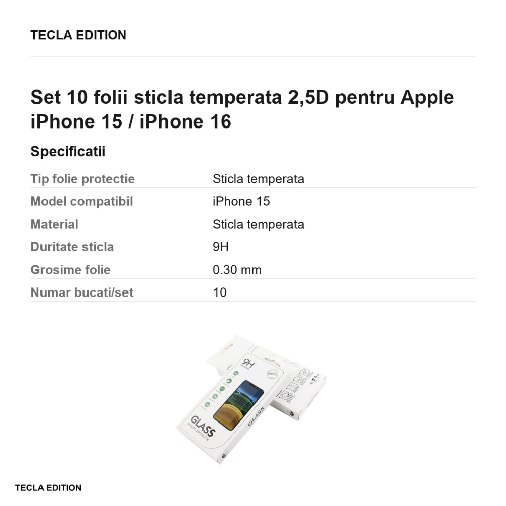 Set 10 folii sticla temperata 2,5D pentru Apple iPhone 15 / iPhone 16 [3]