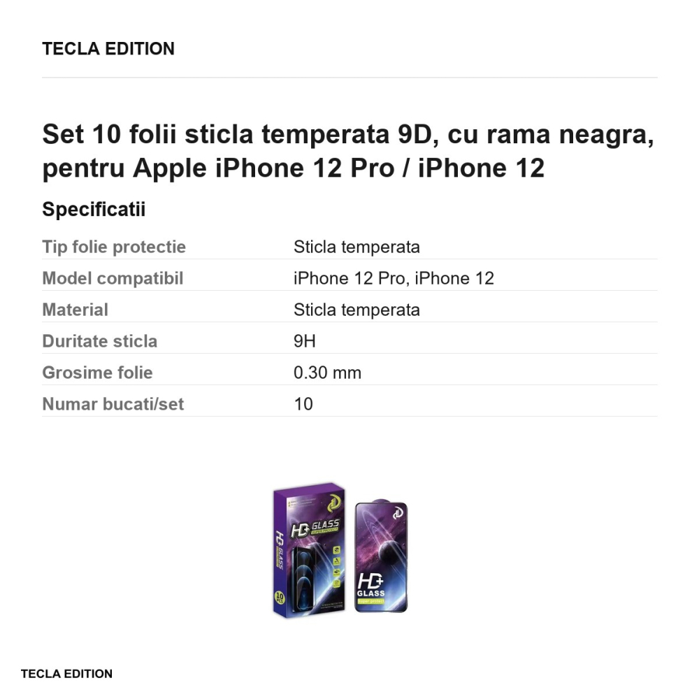 Set 10 folii sticla temperata 9D, cu rama neagra, pentru Apple iPhone 12 Pro / iPhone 12 [3]