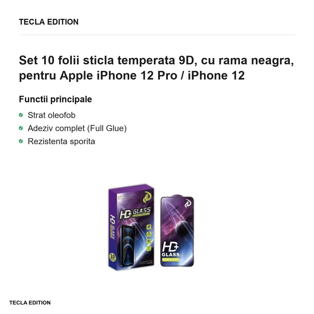 Set 10 folii sticla temperata 9D, cu rama neagra, pentru Apple iPhone 12 Pro / iPhone 12 [2]