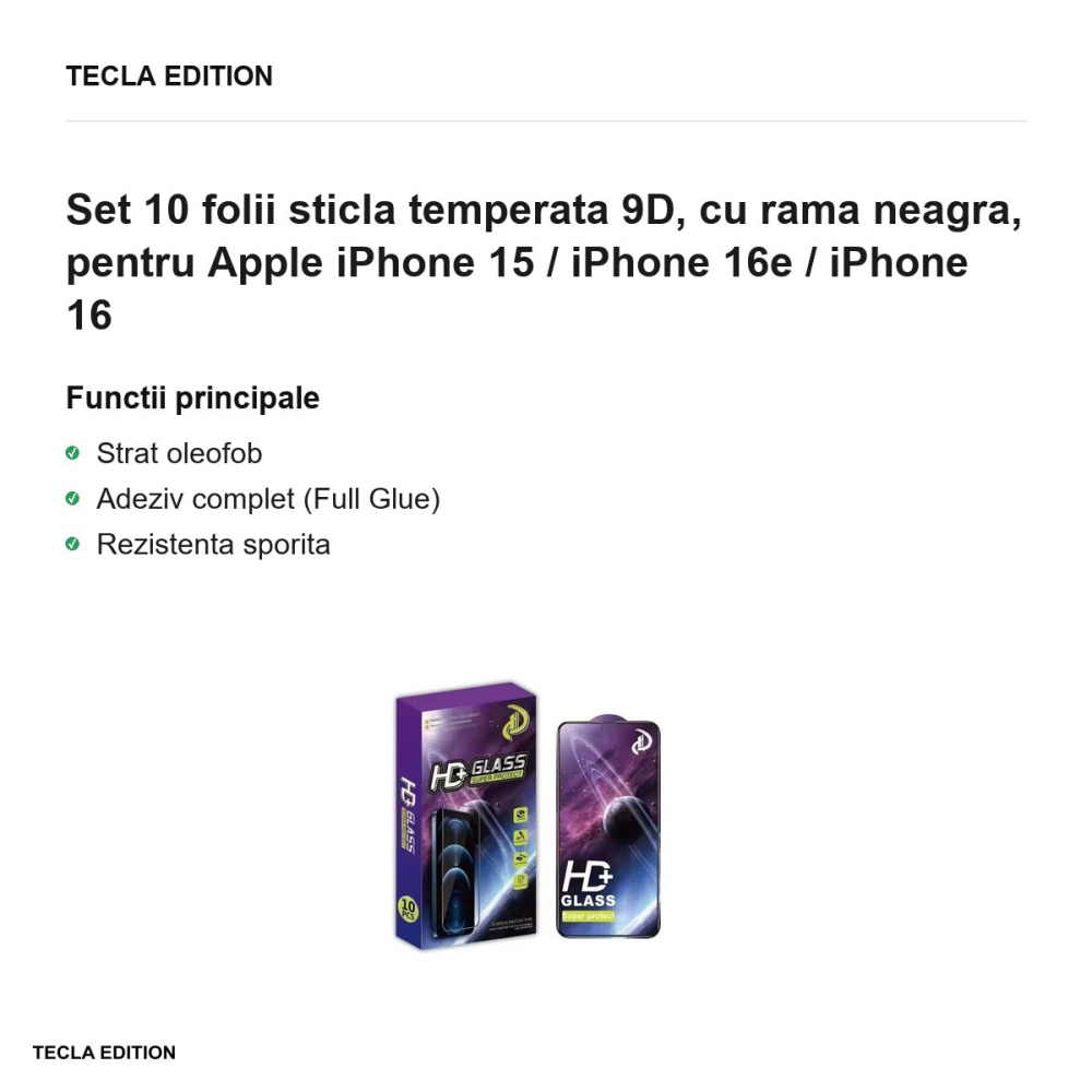 Set 10 folii sticla temperata 9D, cu rama neagra, pentru Apple iPhone 15 / iPhone 16e / iPhone 16 [2]