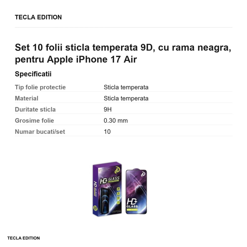Set 10 folii sticla temperata 9D, cu rama neagra, pentru Apple iPhone 17 Air [3]