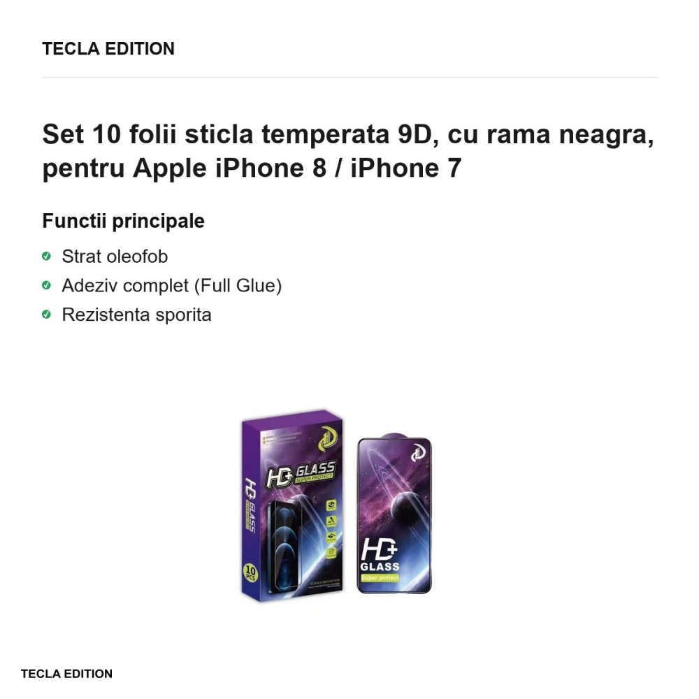 Set 10 folii sticla temperata 9D, cu rama neagra, pentru Apple iPhone 8 / iPhone 7 [2]