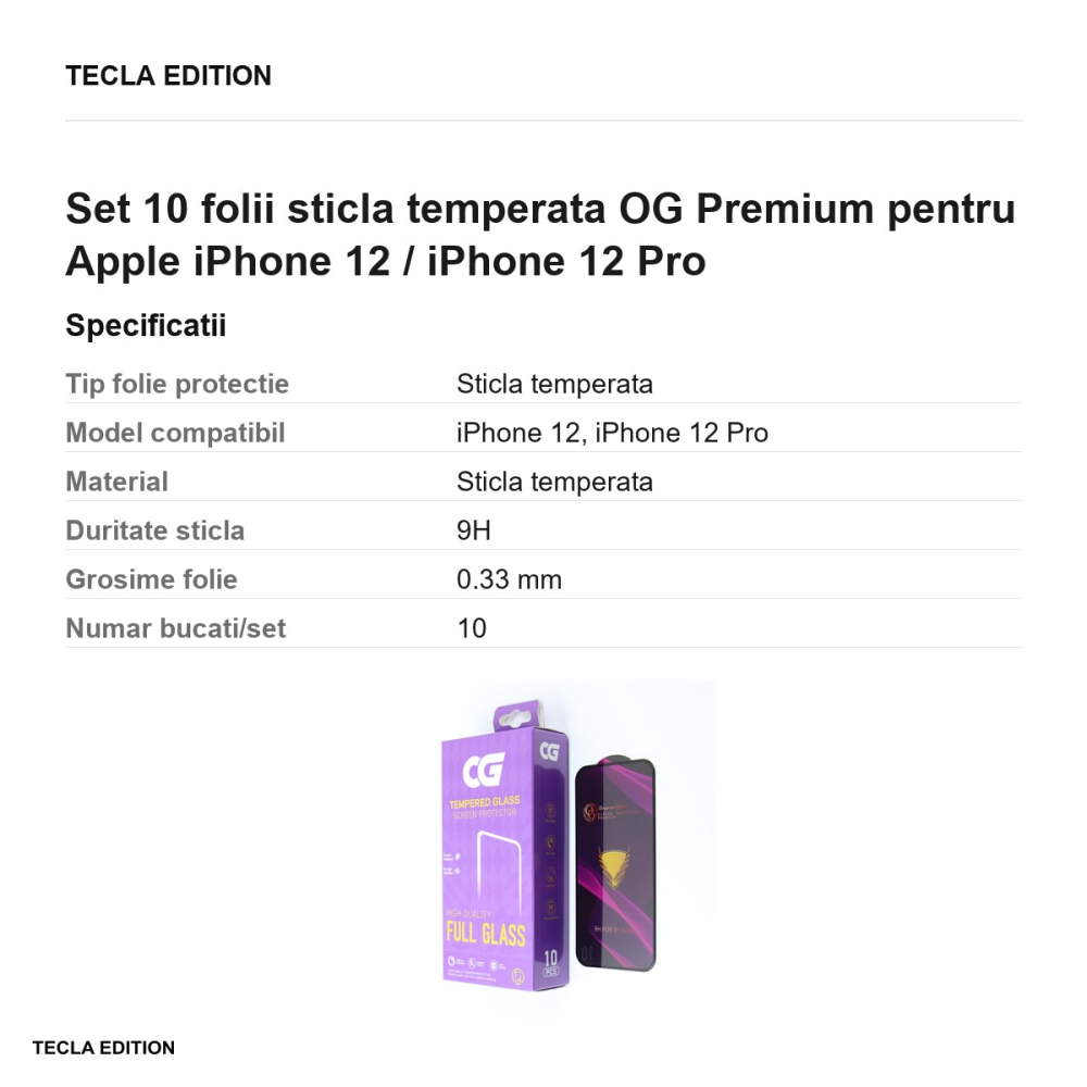 Set 10 folii sticla temperata OG Premium pentru Apple iPhone 12 / iPhone 12 Pro [3]