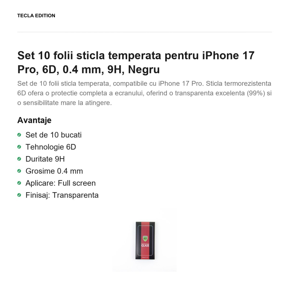Set 10 folii sticla temperata pentru iPhone 17 Pro, 6D, 0.4 mm, 9H, Negru [2]