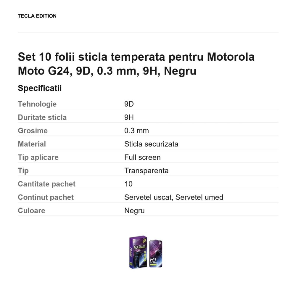 Set 10 folii sticla temperata pentru Motorola Moto G24, 9D, 0.3 mm, 9H, Negru [3]