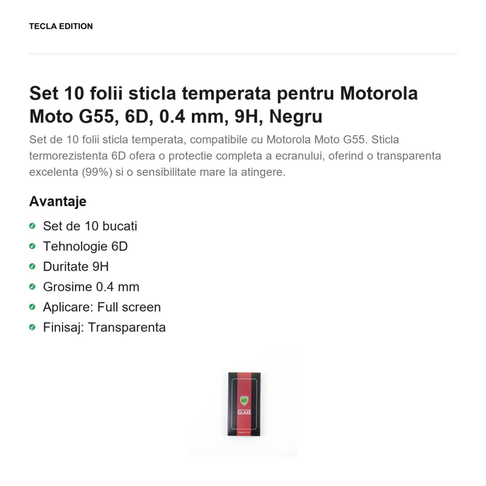 Set 10 folii sticla temperata pentru Motorola Moto G55, 6D, 0.4 mm, 9H, Negru [2]