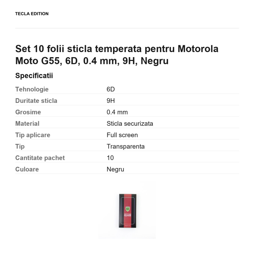 Set 10 folii sticla temperata pentru Motorola Moto G55, 6D, 0.4 mm, 9H, Negru [3]
