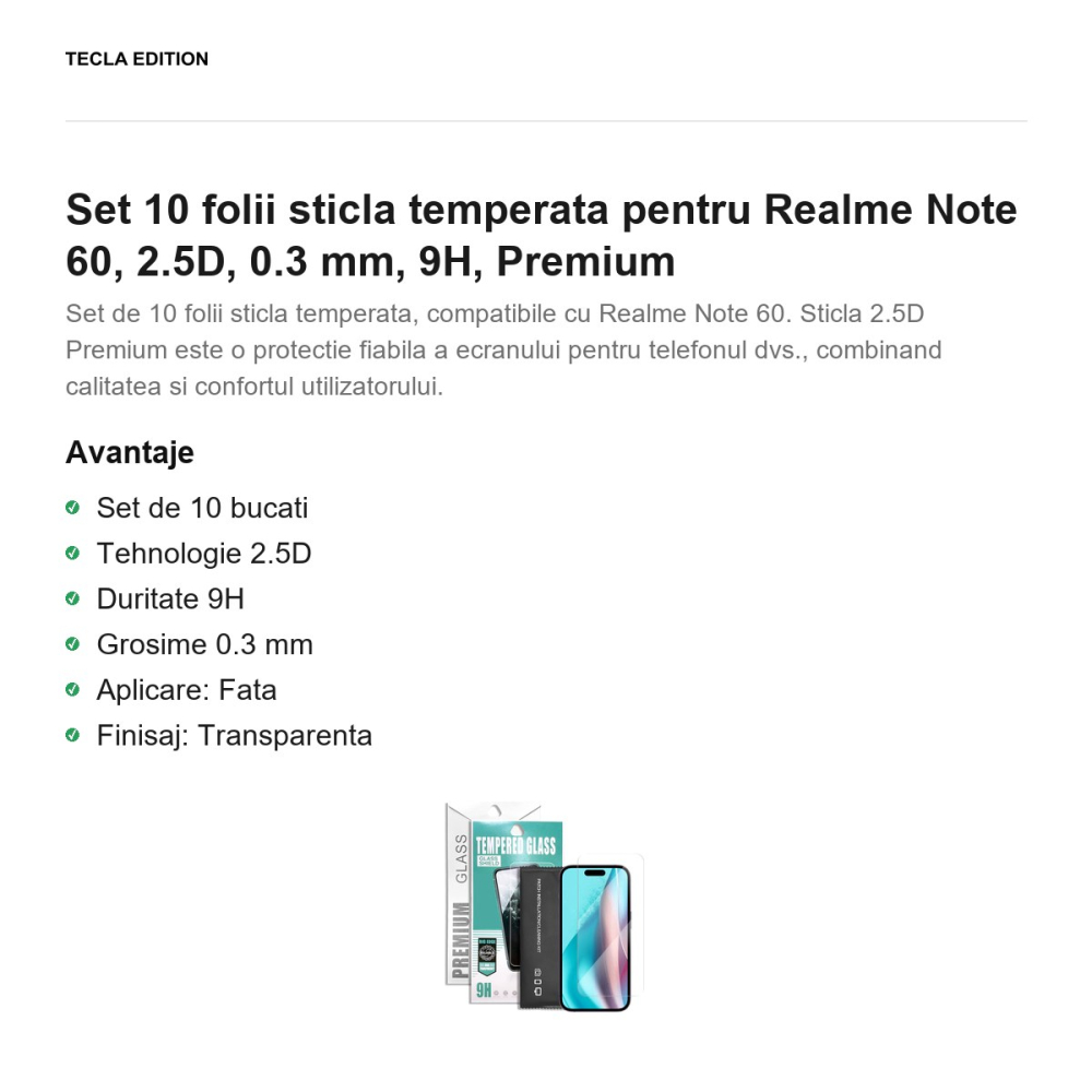 Set 10 folii sticla temperata pentru Realme Note 60, 2.5D, 0.3 mm, 9H, Premium [2]