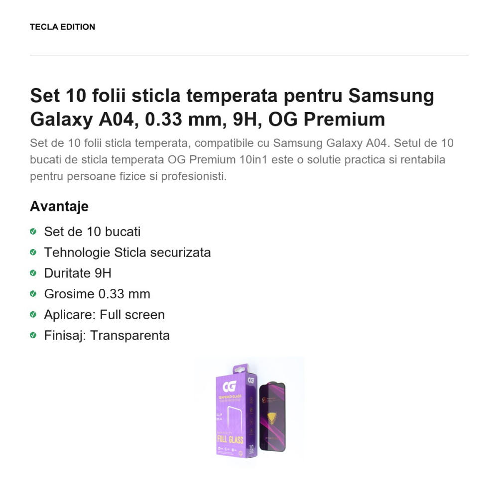 Set 10 folii sticla temperata pentru Samsung Galaxy A04, 0.33 mm, 9H, OG Premium [2]