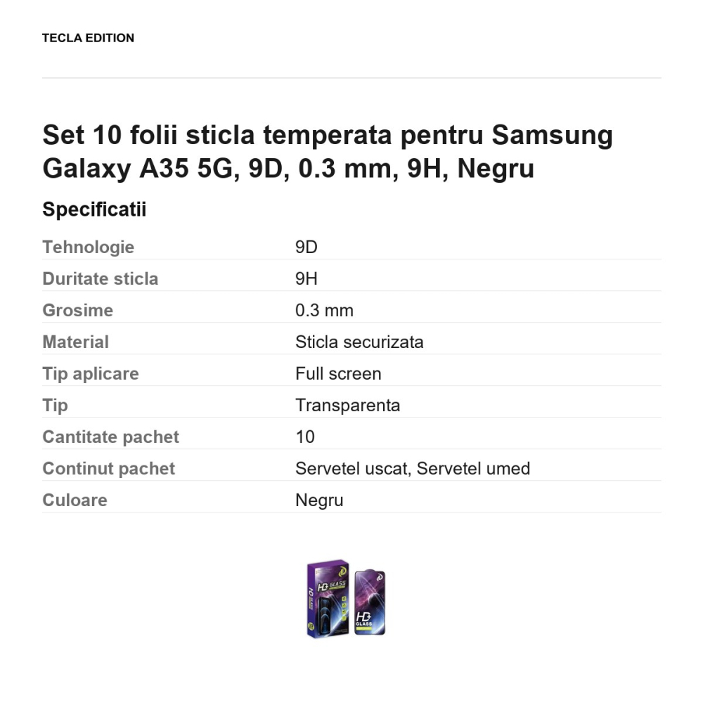 Set 10 folii sticla temperata pentru Samsung Galaxy A35 5G, 9D, 0.3 mm, 9H, Negru [3]