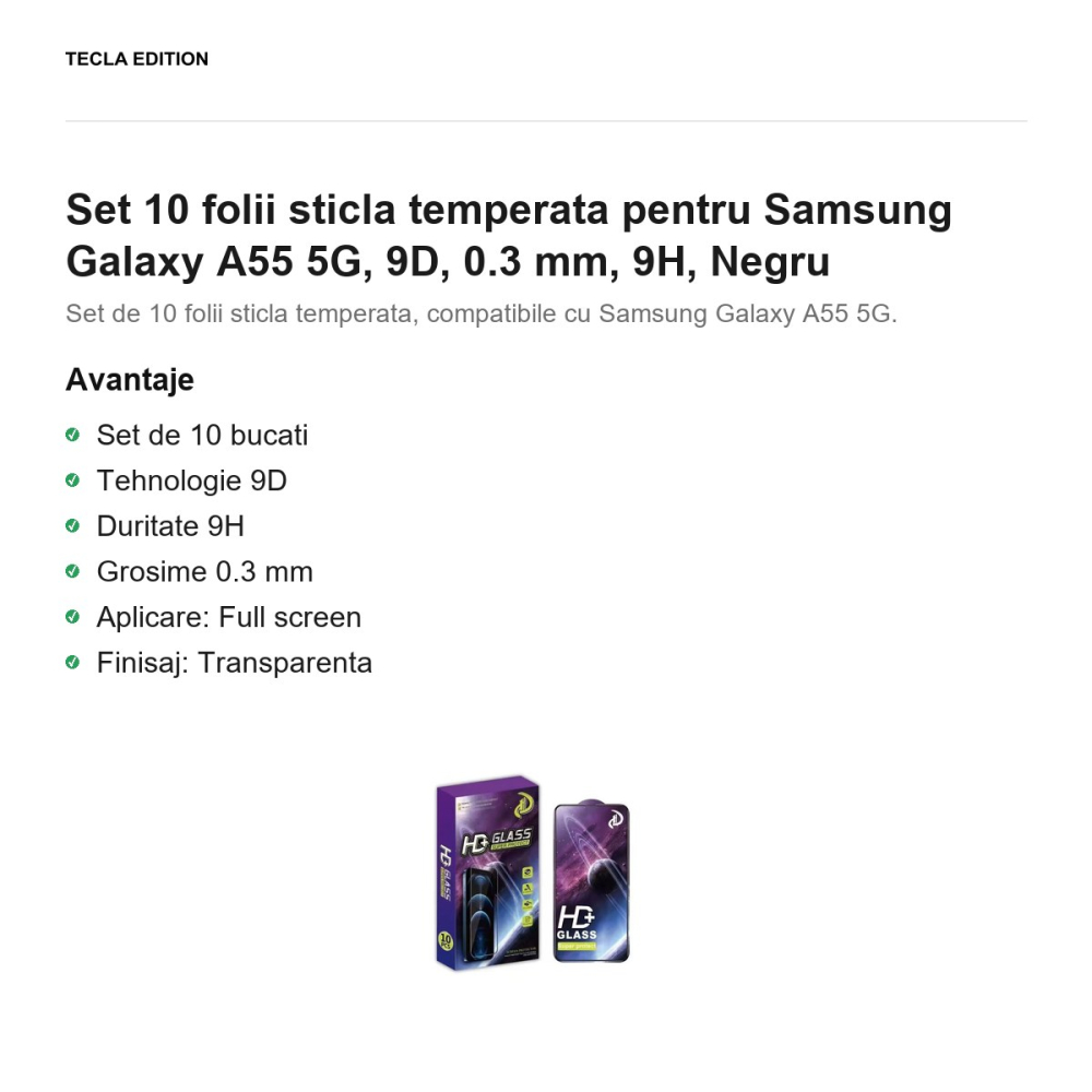 Set 10 folii sticla temperata pentru Samsung Galaxy A55 5G, 9D, 0.3 mm, 9H, Negru [2]