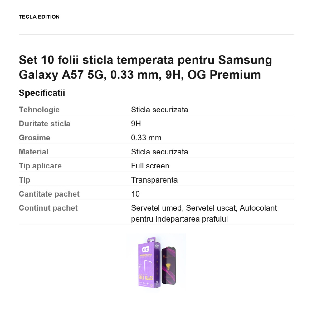 Set 10 folii sticla temperata pentru Samsung Galaxy A57 5G, 0.33 mm, 9H, OG Premium [3]
