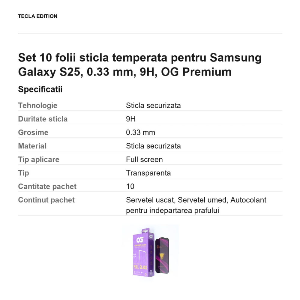 Set 10 folii sticla temperata pentru Samsung Galaxy S25, 0.33 mm, 9H, OG Premium [3]