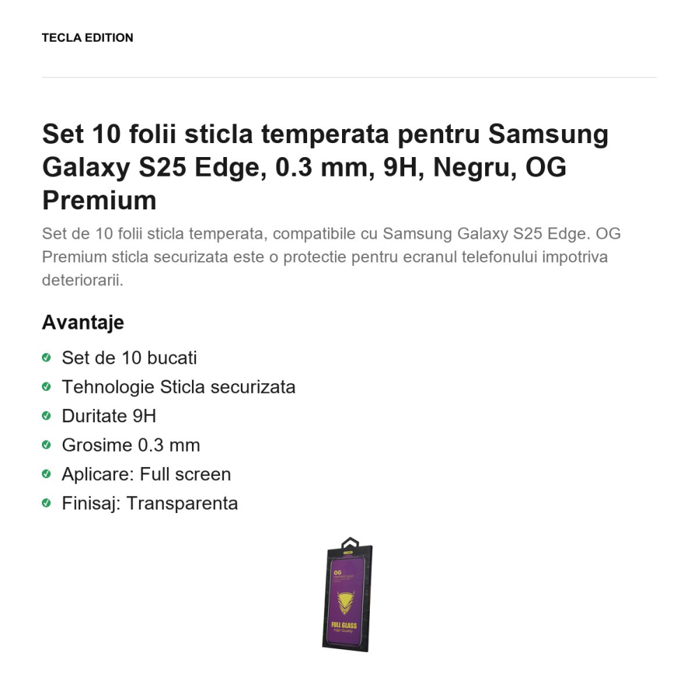 Set 10 folii sticla temperata pentru Samsung Galaxy S25 Edge, 0.3 mm, 9H, Negru, OG Premium [2]
