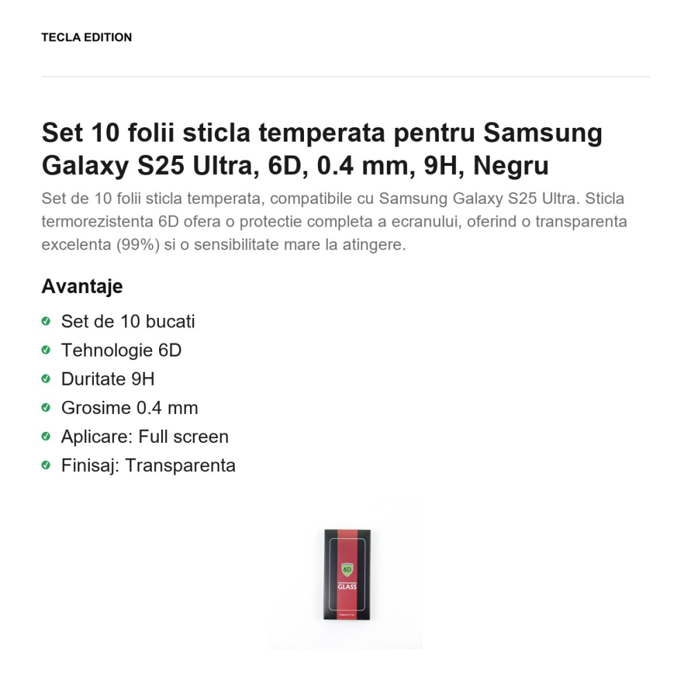 Set 10 folii sticla temperata pentru Samsung Galaxy S25 Ultra, 6D, 0.4 mm, 9H, Negru [2]