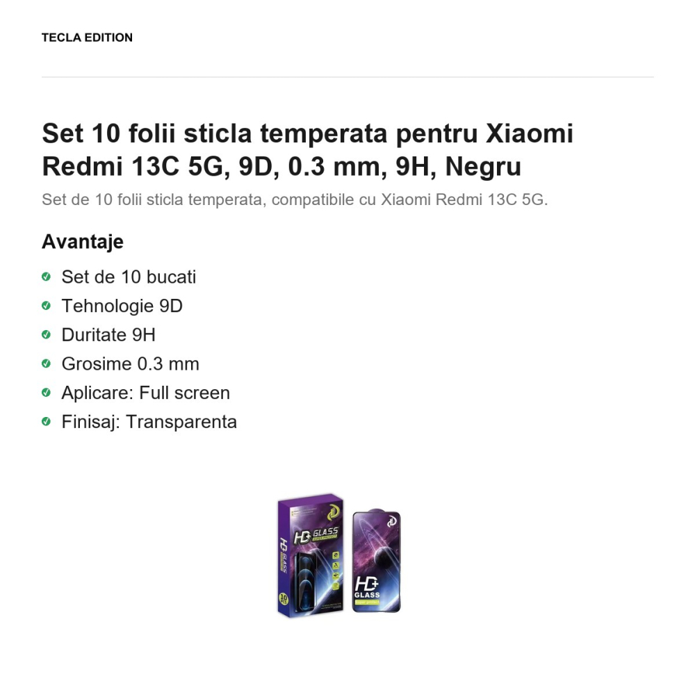 Set 10 folii sticla temperata pentru Xiaomi Redmi 13C 5G, 9D, 0.3 mm, 9H, Negru [2]