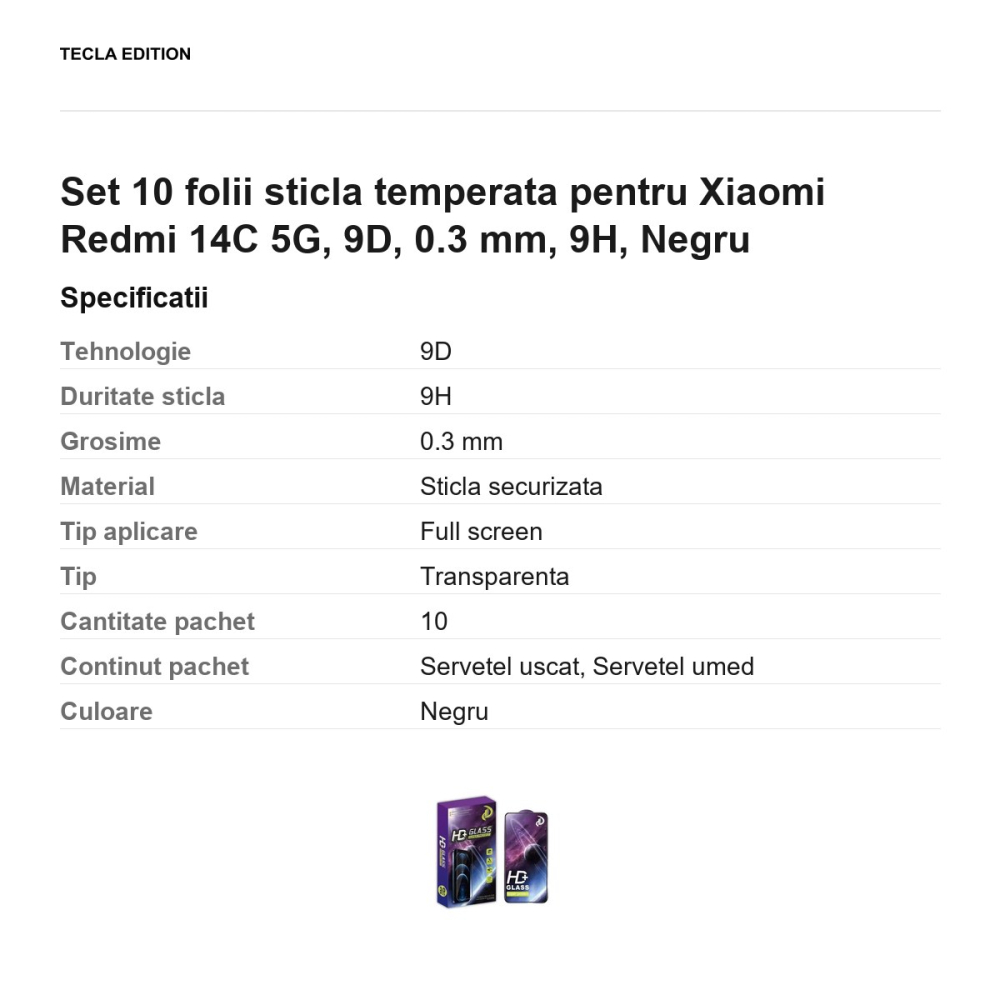 Set 10 folii sticla temperata pentru Xiaomi Redmi 14C 5G, 9D, 0.3 mm, 9H, Negru [3]