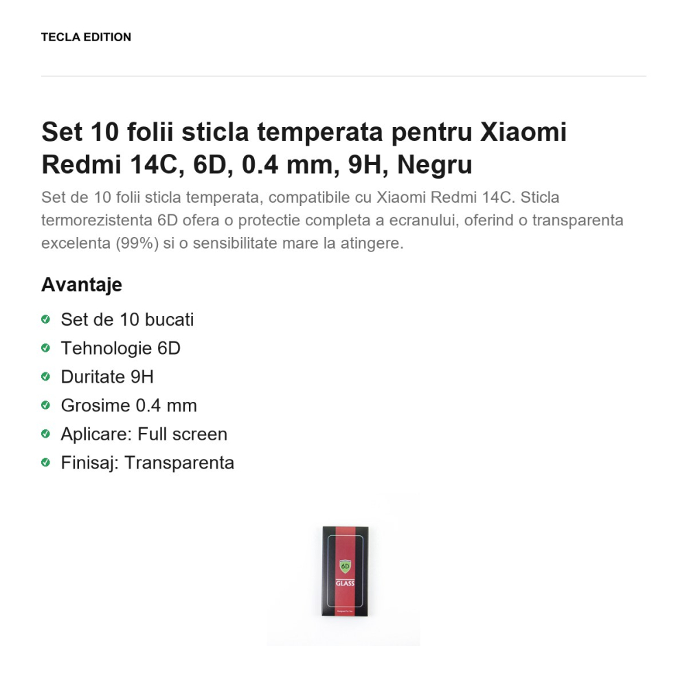 Set 10 folii sticla temperata pentru Xiaomi Redmi 14C, 6D, 0.4 mm, 9H, Negru [2]