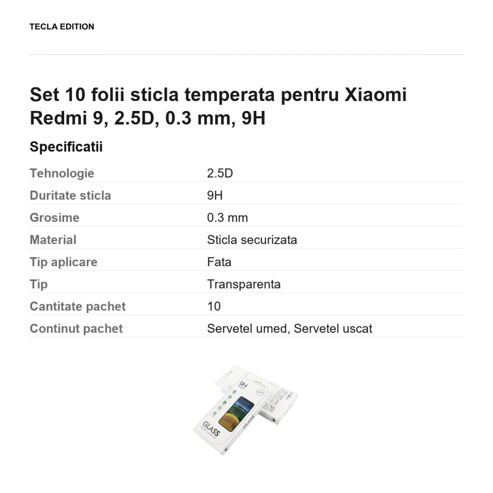 Set 10 folii sticla temperata pentru Xiaomi Redmi 9, 2.5D, 0.3 mm, 9H [3]