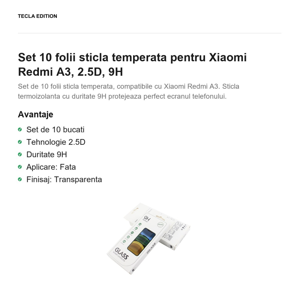 Set 10 folii sticla temperata pentru Xiaomi Redmi A3, 2.5D, 9H [2]