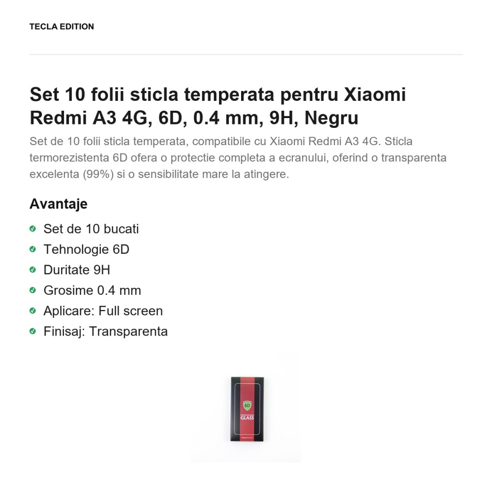Set 10 folii sticla temperata pentru Xiaomi Redmi A3 4G, 6D, 0.4 mm, 9H, Negru [2]