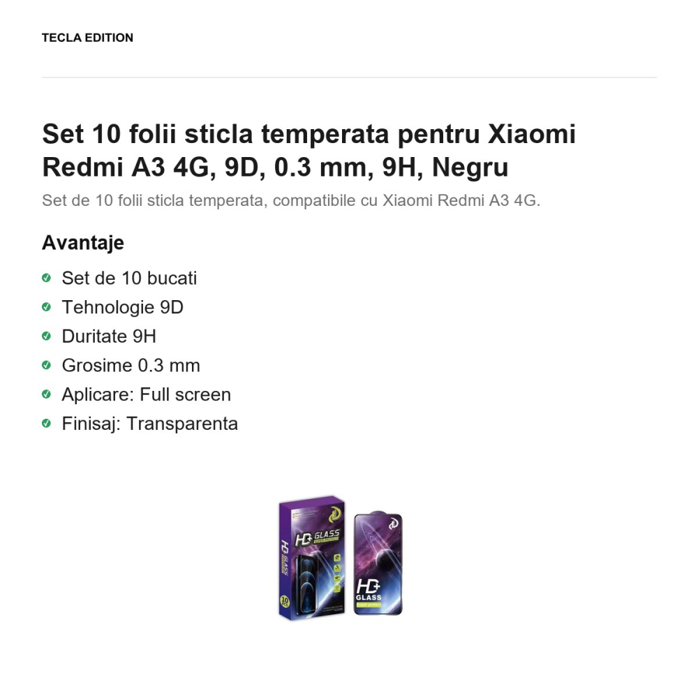 Set 10 folii sticla temperata pentru Xiaomi Redmi A3 4G, 9D, 0.3 mm, 9H, Negru [2]