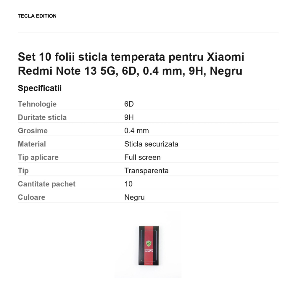 Set 10 folii sticla temperata pentru Xiaomi Redmi Note 13 5G, 6D, 0.4 mm, 9H, Negru [3]