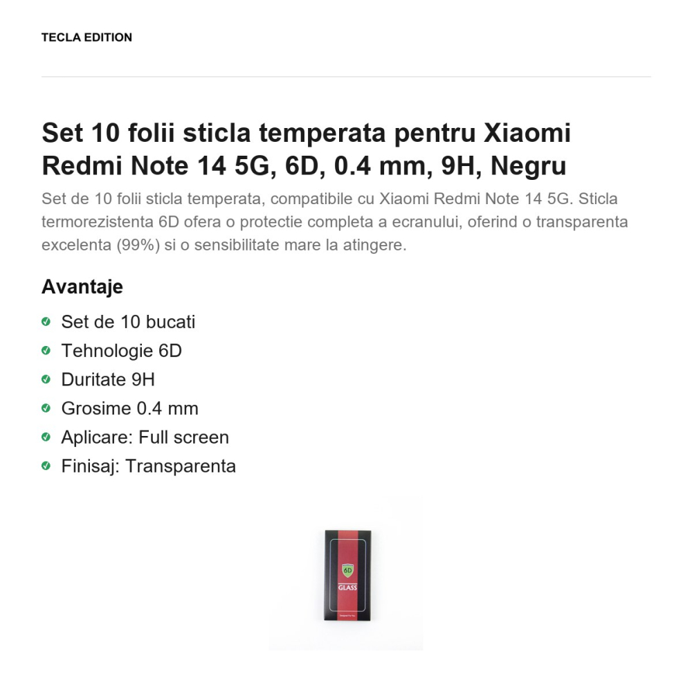 Set 10 folii sticla temperata pentru Xiaomi Redmi Note 14 5G, 6D, 0.4 mm, 9H, Negru [2]