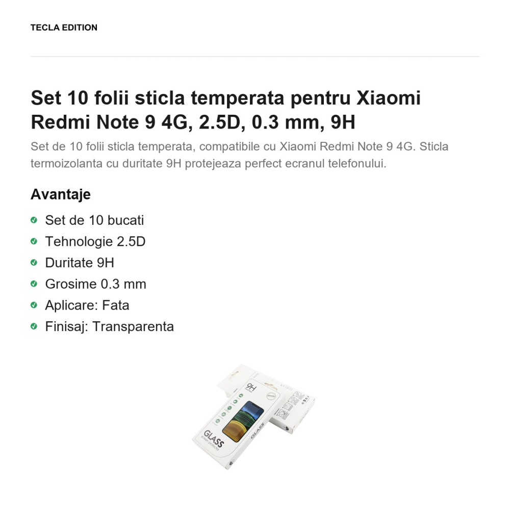 Set 10 folii sticla temperata pentru Xiaomi Redmi Note 9 4G, 2.5D, 0.3 mm, 9H [2]