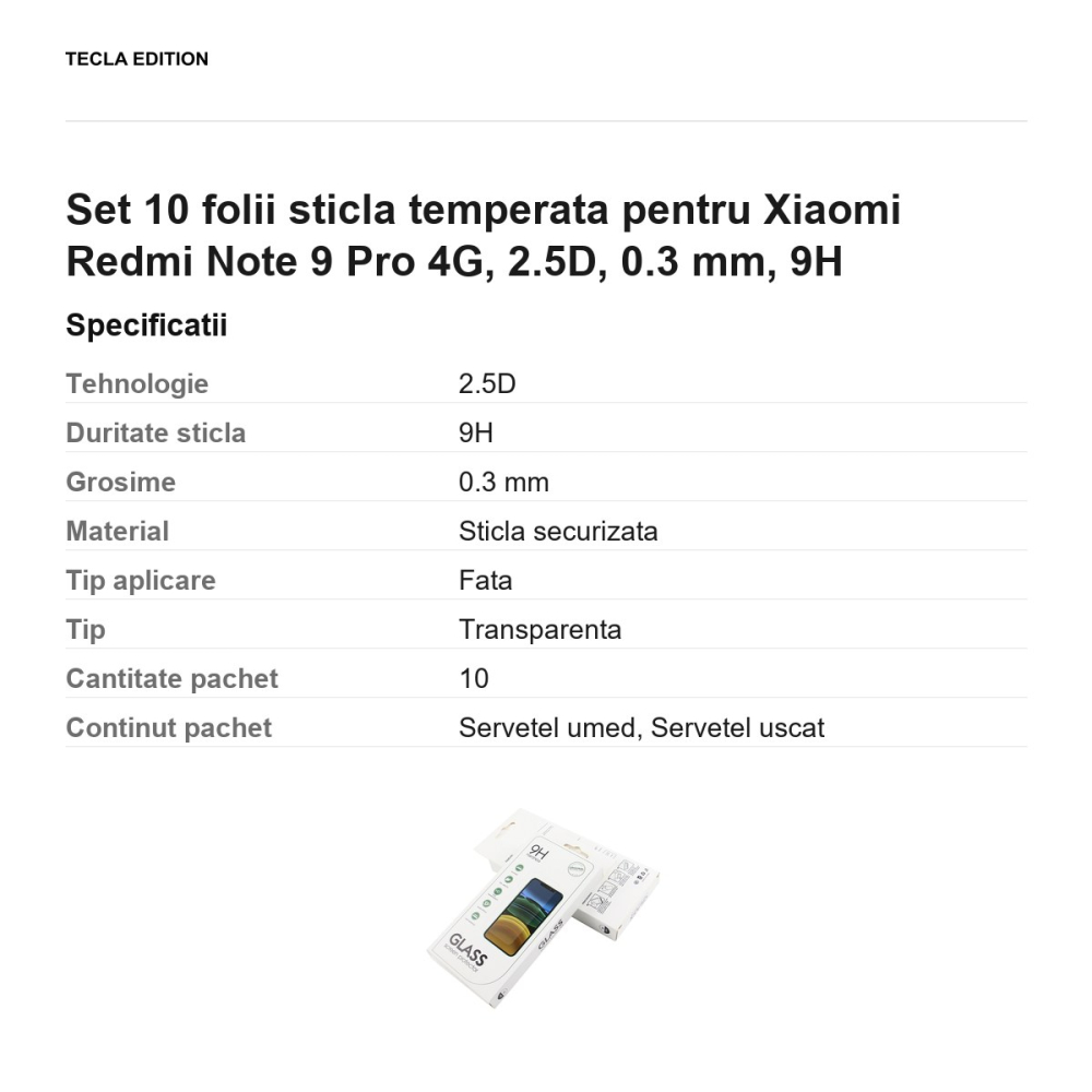 Set 10 folii sticla temperata pentru Xiaomi Redmi Note 9 Pro 4G, 2.5D, 0.3 mm, 9H [3]