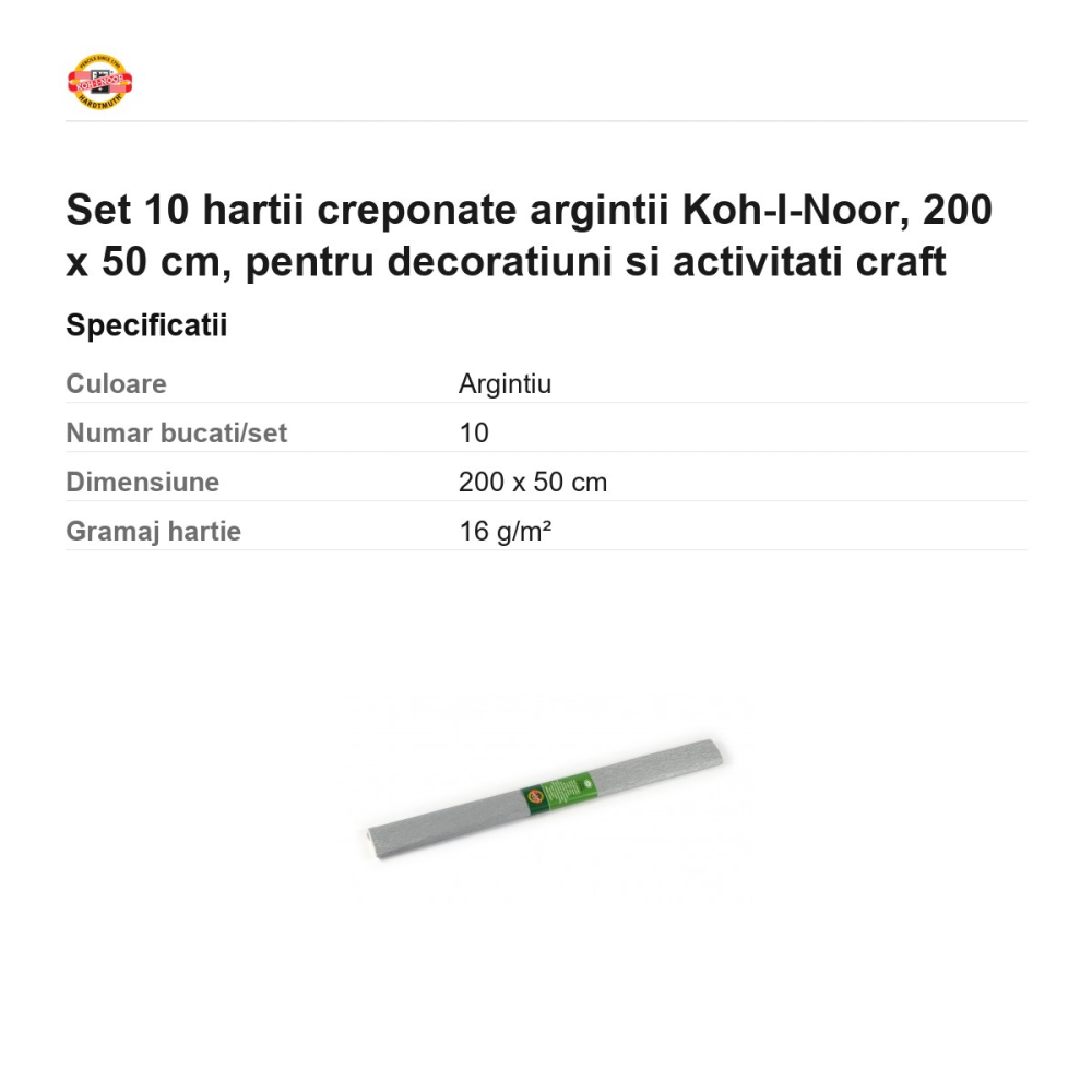 Set 10 hartii creponate argintii Koh-I-Noor, 200 x 50 cm, pentru decoratiuni si activitati craft [3]