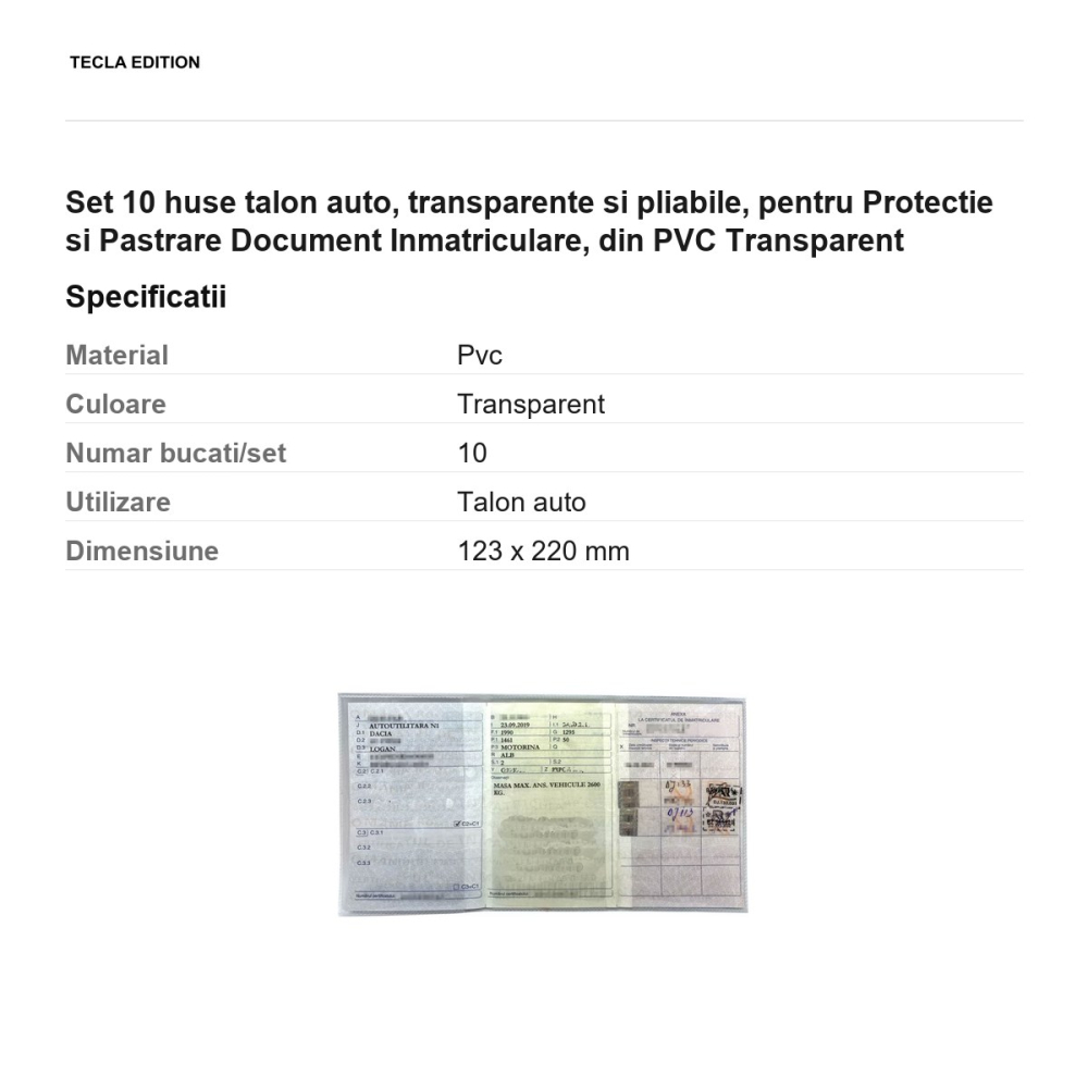 Set 10 huse talon auto, transparente si pliabile, pentru Protectie si Pastrare Document Inmatriculare, din PVC Transparent [3]