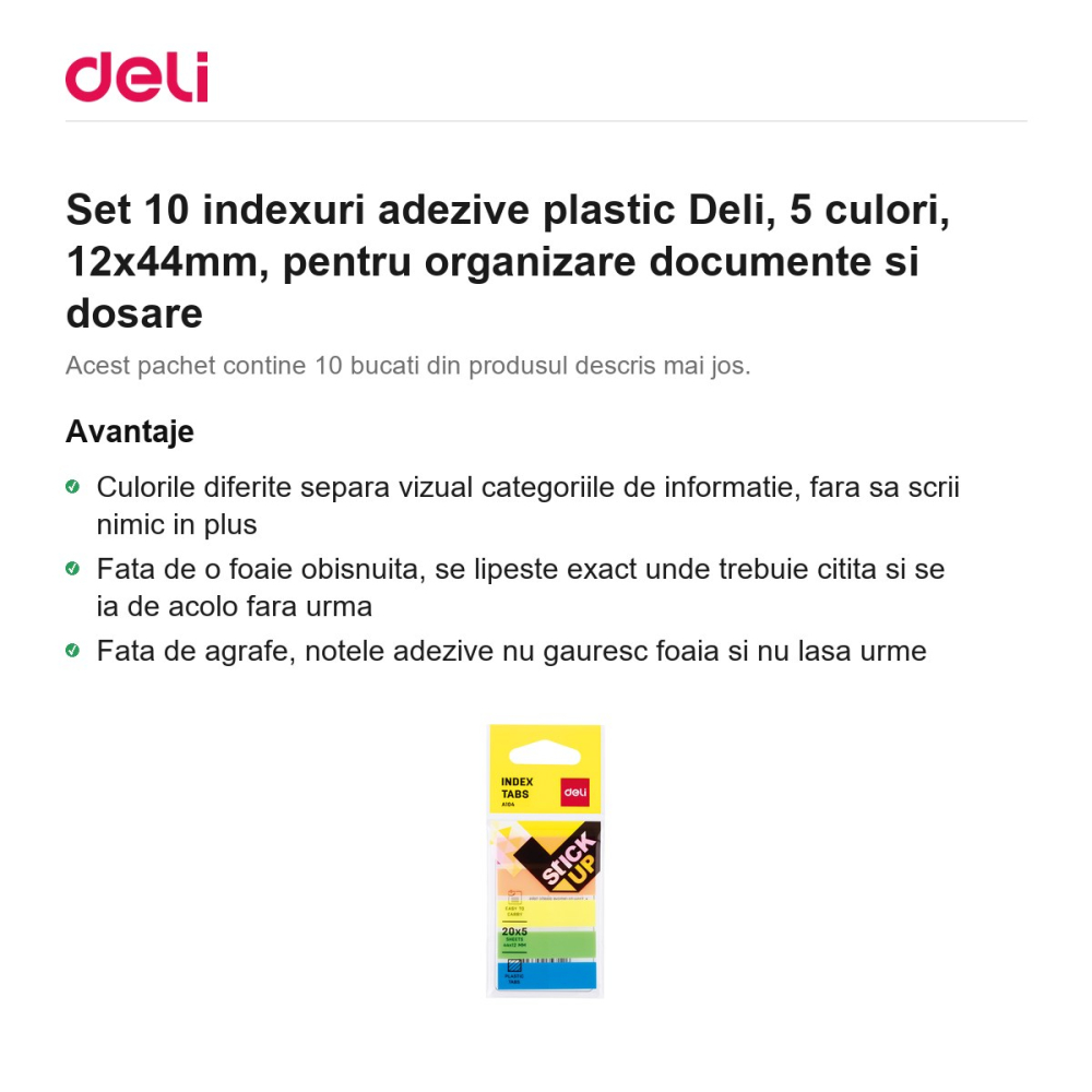 Set 10 indexuri adezive plastic Deli, 5 culori, 12x44mm, pentru organizare documente si dosare [2]