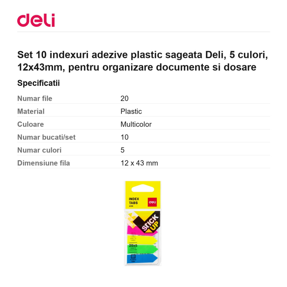 Set 10 indexuri adezive plastic sageata Deli, 5 culori, 12x43mm, pentru organizare documente si dosare [3]